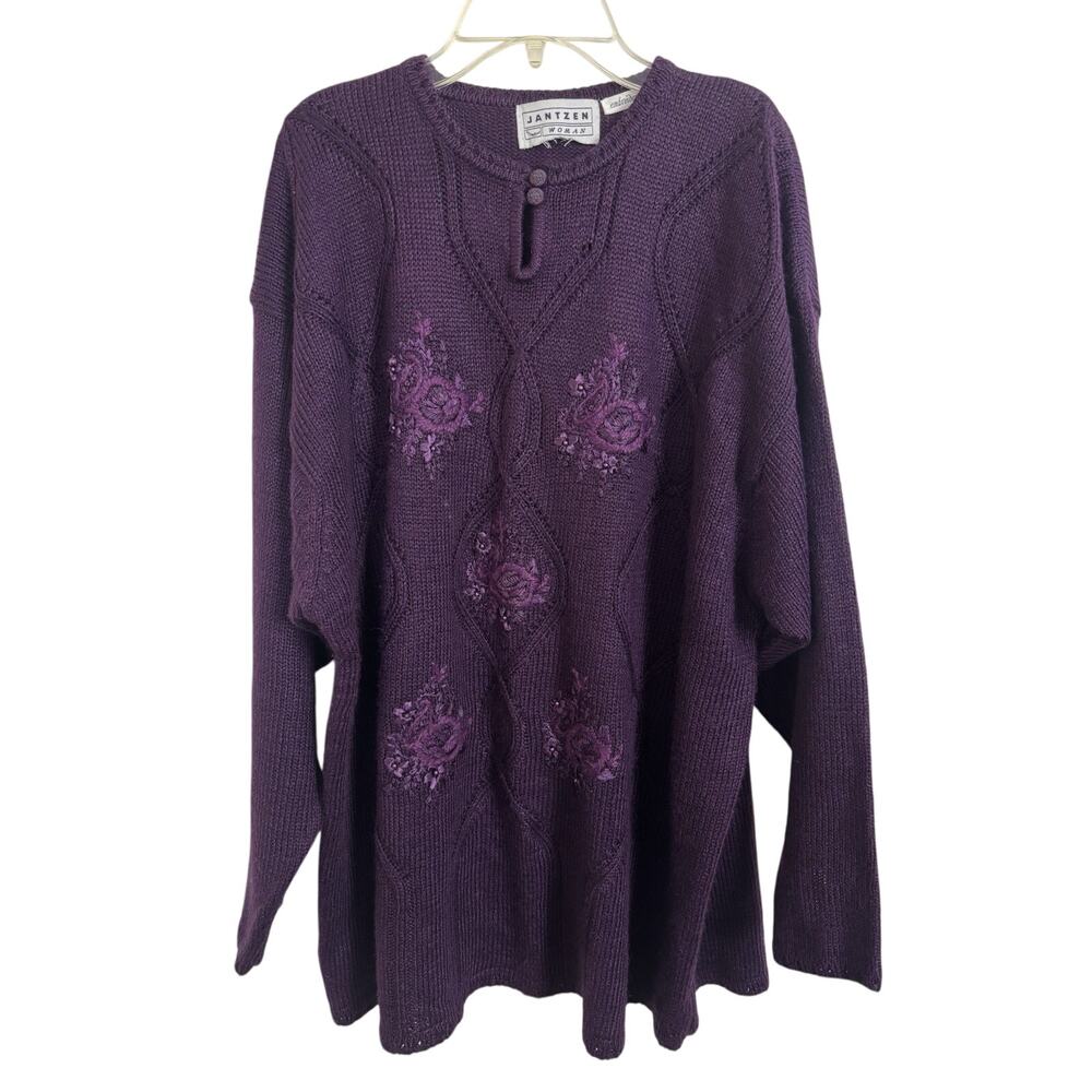 Vtg 90s Jantzen Purple Hand Embroidered Beaded Sweater XXL Grannycore Cottage